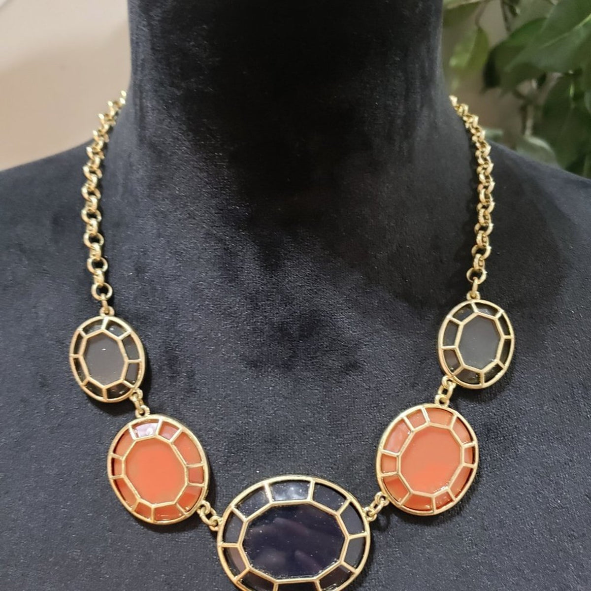 Pretty Contemporary Fashion Orange Black Gold Tone Accents Disks Fancy Necklace