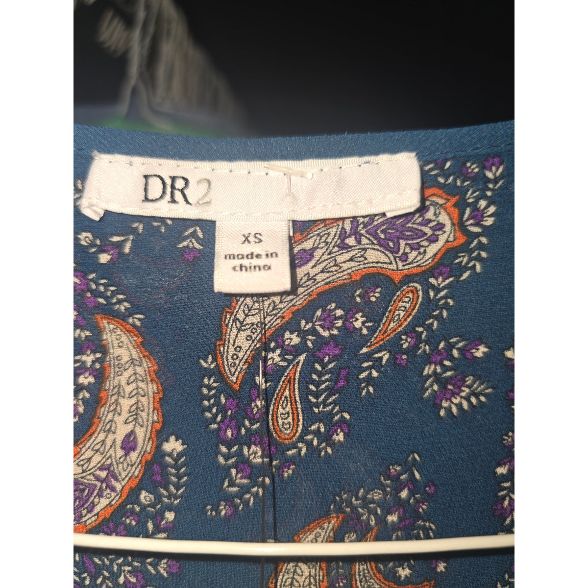 DR2 A Line Dress Women Navy Paisley Tie Waist Long Sleeve V Neck Button Front XS