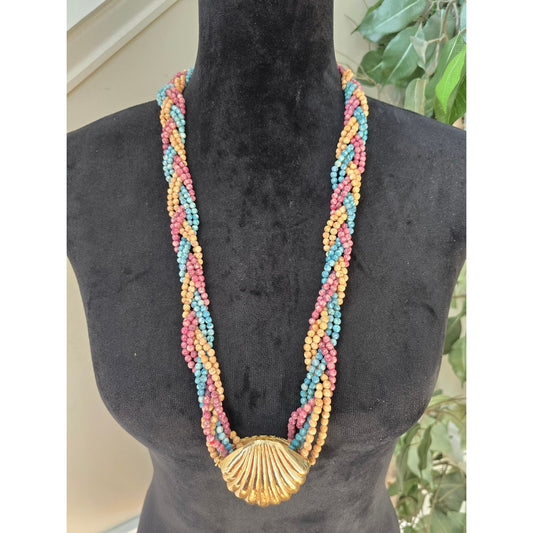 Vintage Multicolor Braided Rope Necklace Gold Tone Shell Pendant Boho Jewelry
