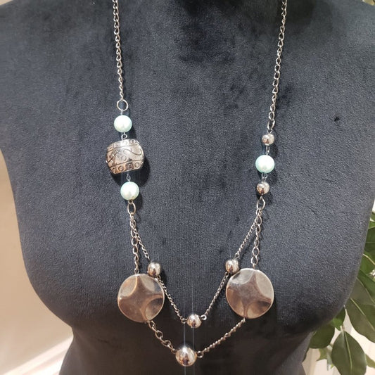 Women Fashion Silver Tone Beaded Layered Long Charm Necklace with Lobster Clasp