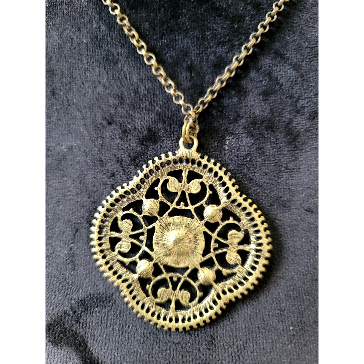 Express Antiqued Bronze Tone Filigree Rhinestone Pendant Necklace Boho Chic