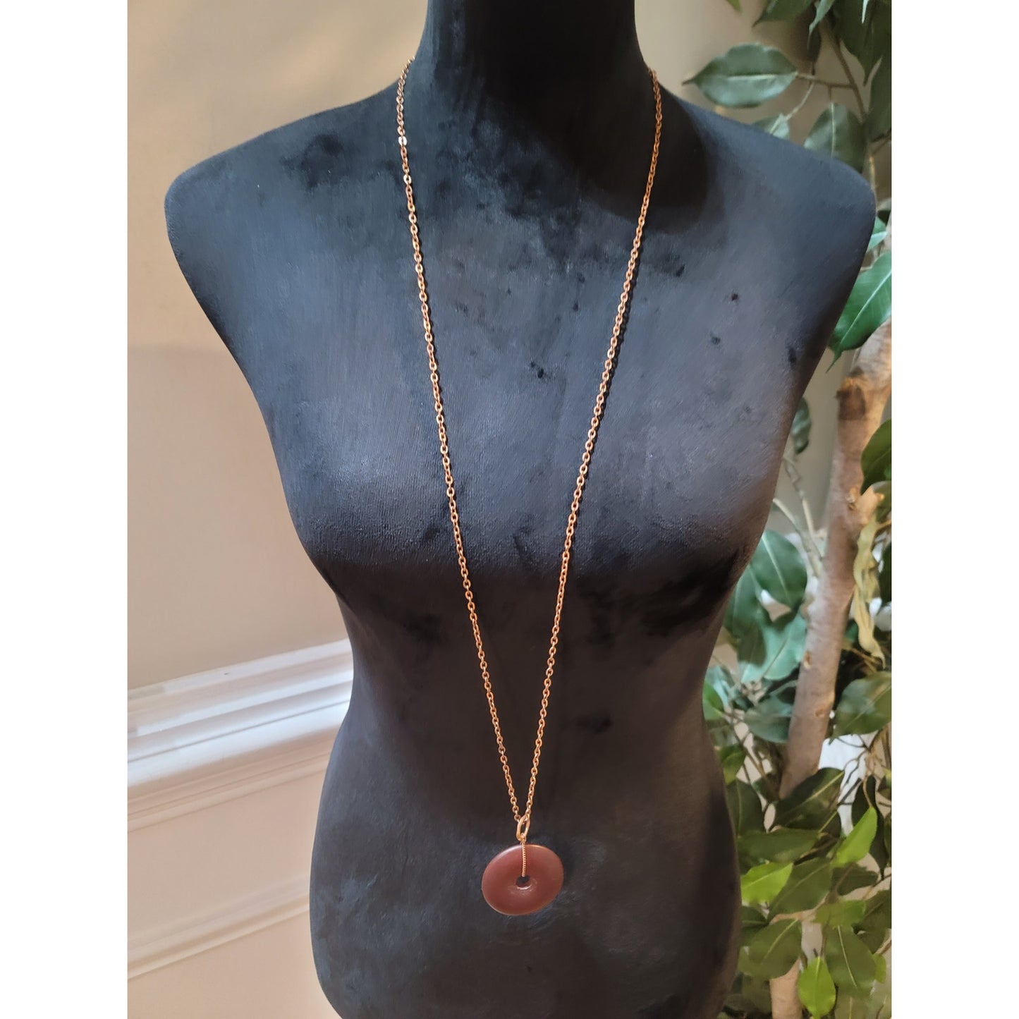 Women's Long Chain Necklace With Brown Donut Pendant And Lobster Clasp Lock
