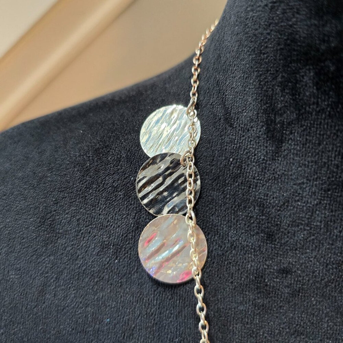 Women Round Etched Medallions Silver Tone Long Chain Necklace with Lobster Clasp