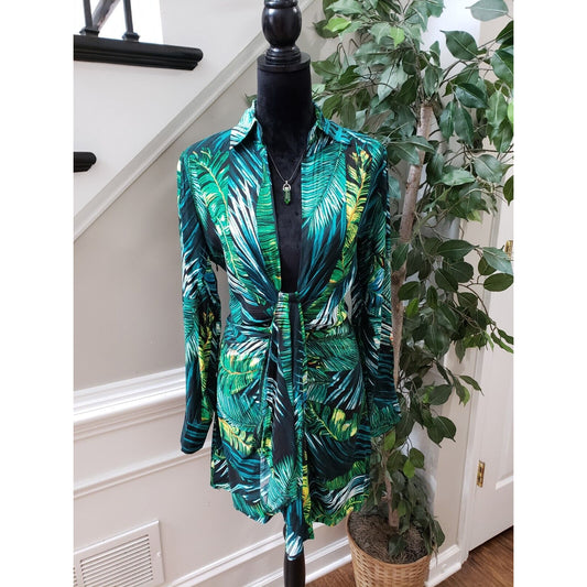 Chicme Womens Green 100% Polyester Casual Collared Long Sleeve Top Blouse Size M
