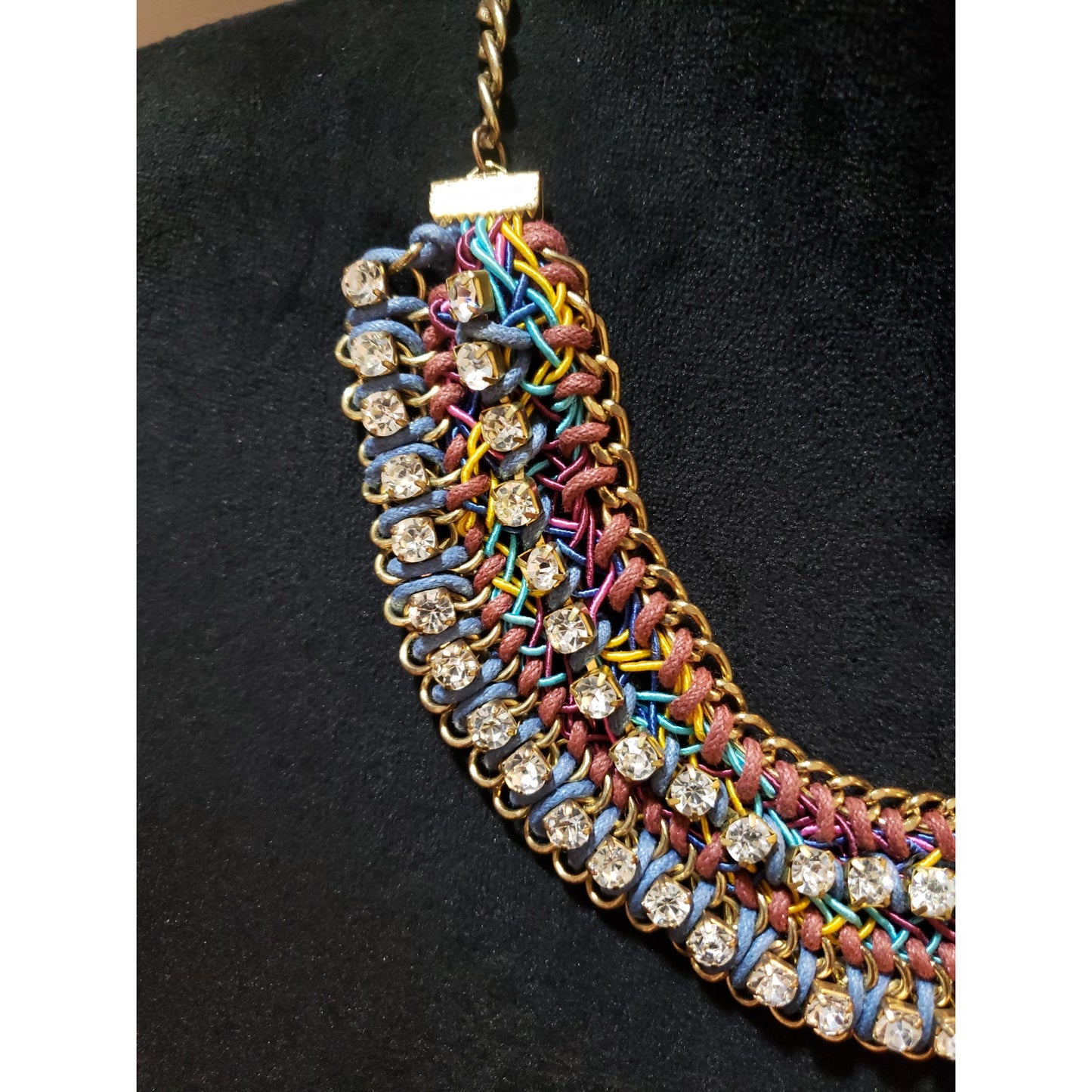 Womens Gold Metal Neon Corded Clear Rhinestone Summer Chain Mantle Necklace