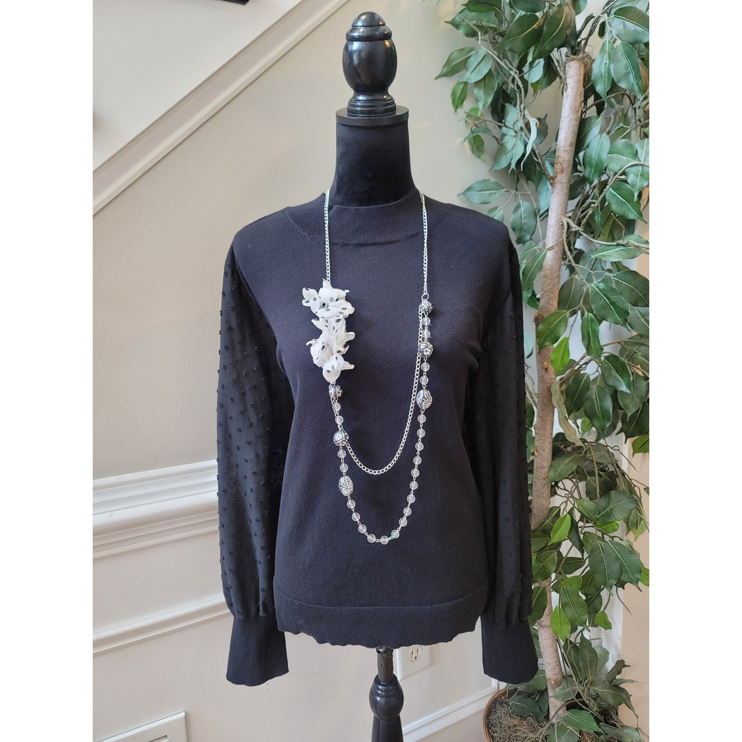 Vince Camuto Sweater Women's XXL Black Sheer Sleeve Textured Dot Knit Pullover