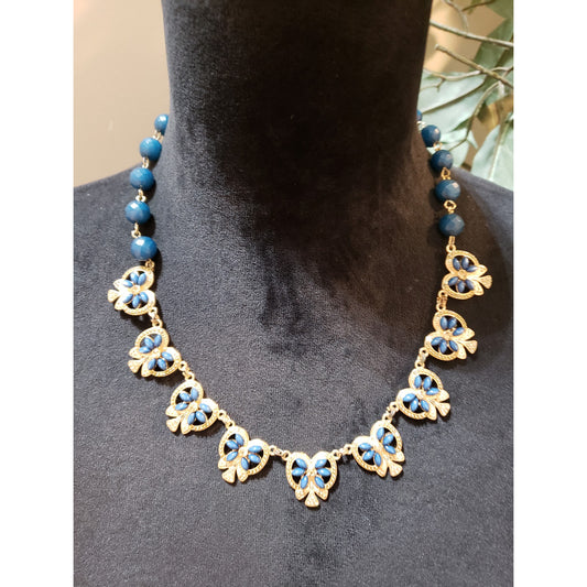 NY & Co. Women Gold-Tone Blue Beaded Rhinestone Floral Necklace w/ Lobster Clasp