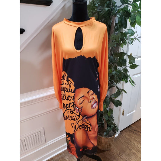Women's Orange Character Print Round Neck Long Sleeve Knee Length Dress Size 3XL