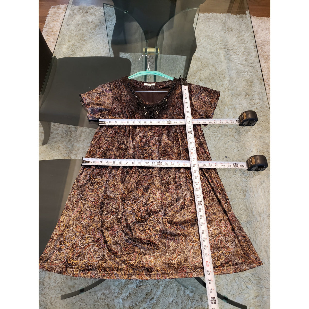 Crea Mure Dress Women Size 8 Brown Paisley Velvet Beaded Neck Boho Short Sleeve
