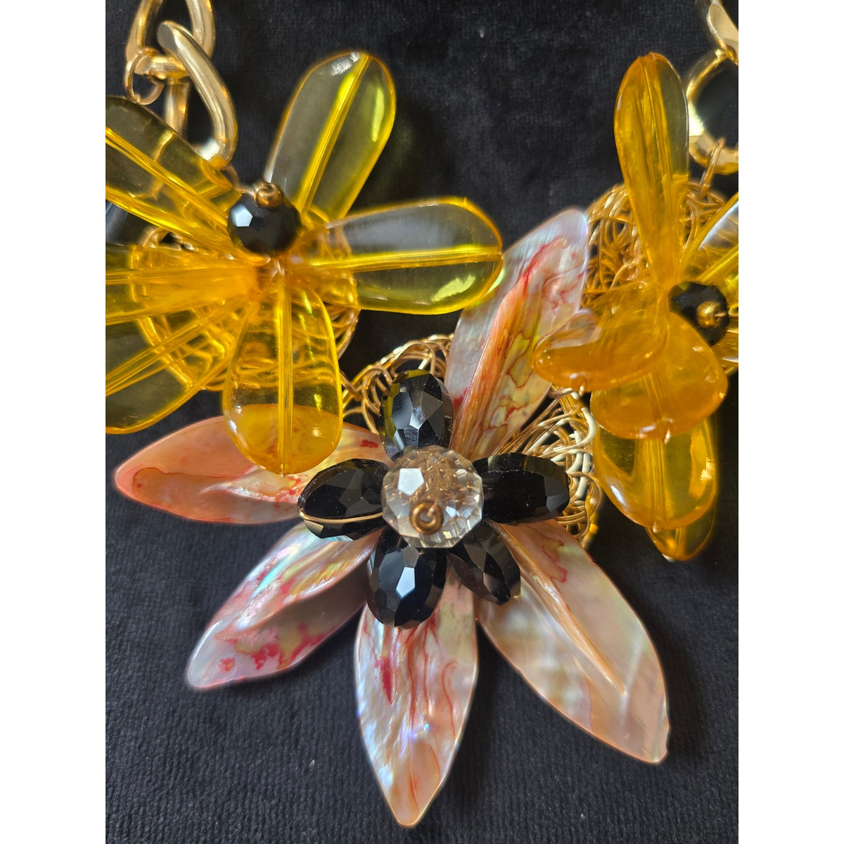 C 1946 Gold Tone Amber Orange Lucite Floral Statement Necklace