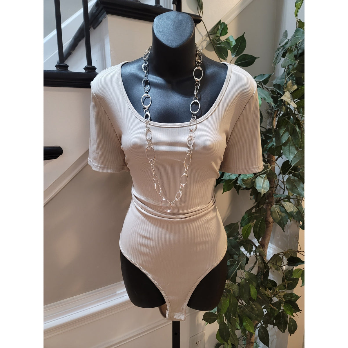 Yozy Bodysuit Set Women's SZ 14 Cream Ribbed Drawstring Scoop Neck Short Sleeve