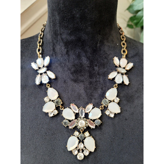 White Opal Crystal Floral Statement Necklace Gold Tone Rhinestone Bib Wedding