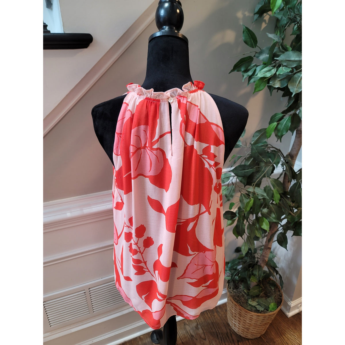 Ann Taylor Factory Halter Top Women's Orange/Pink Large Sleeveless Floral Frill