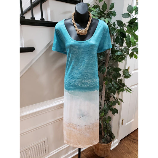 Just Fashion Now Women's Green & White Scoop Neck Short Sleeve Long Maxi Dress L