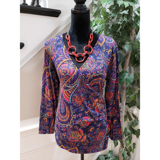 Coldwater Creek Women's Multi Floral V Neck Long Sleeve Pleated Top Blouse Small