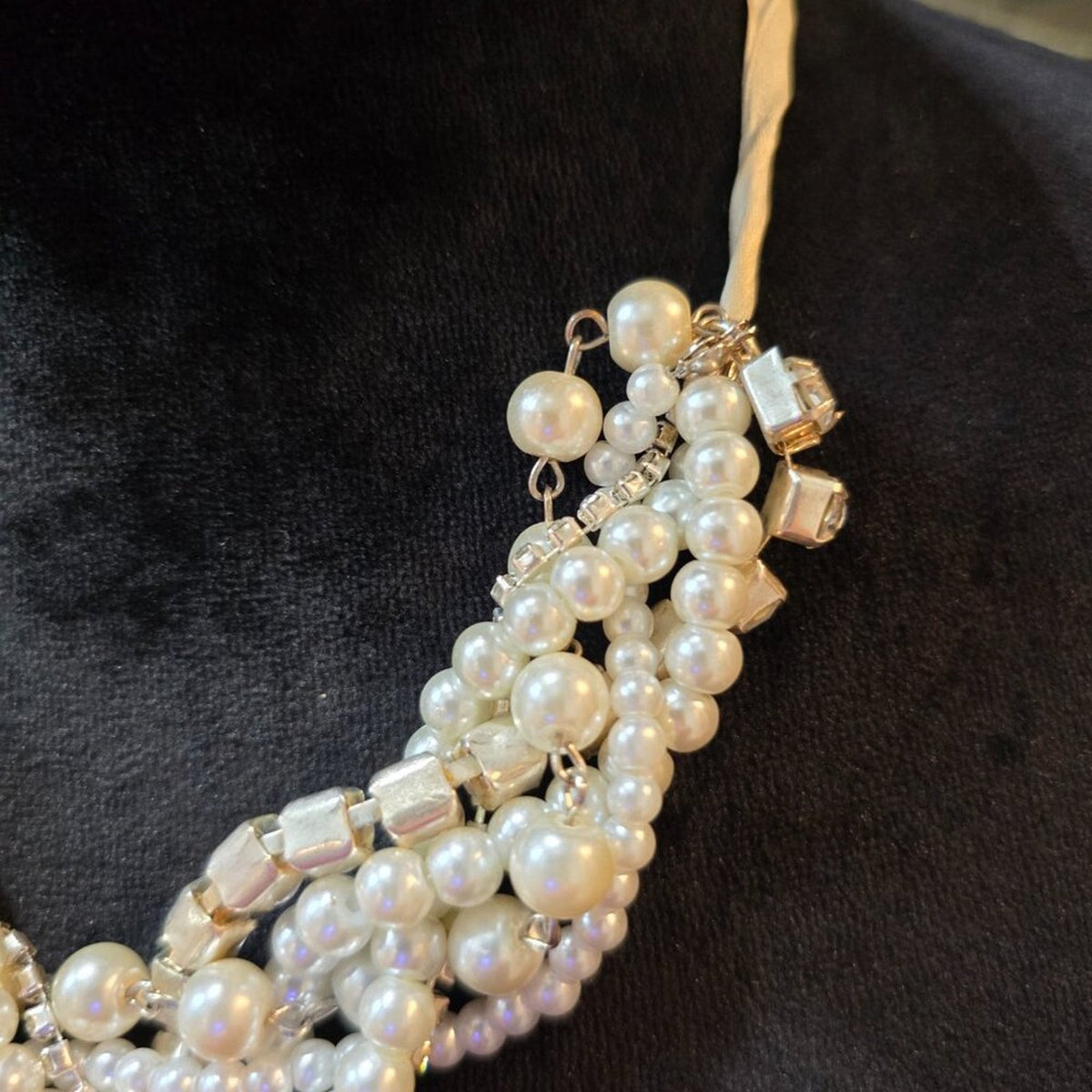 Womens Fashion White Layer Pearls Rhinestone Chunky Statement Necklace