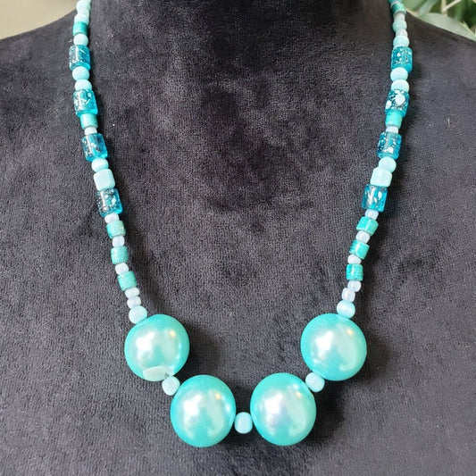 Womens Fashion Blue White Cascading Beaded Necklace Jewelry with Lobster Clasp