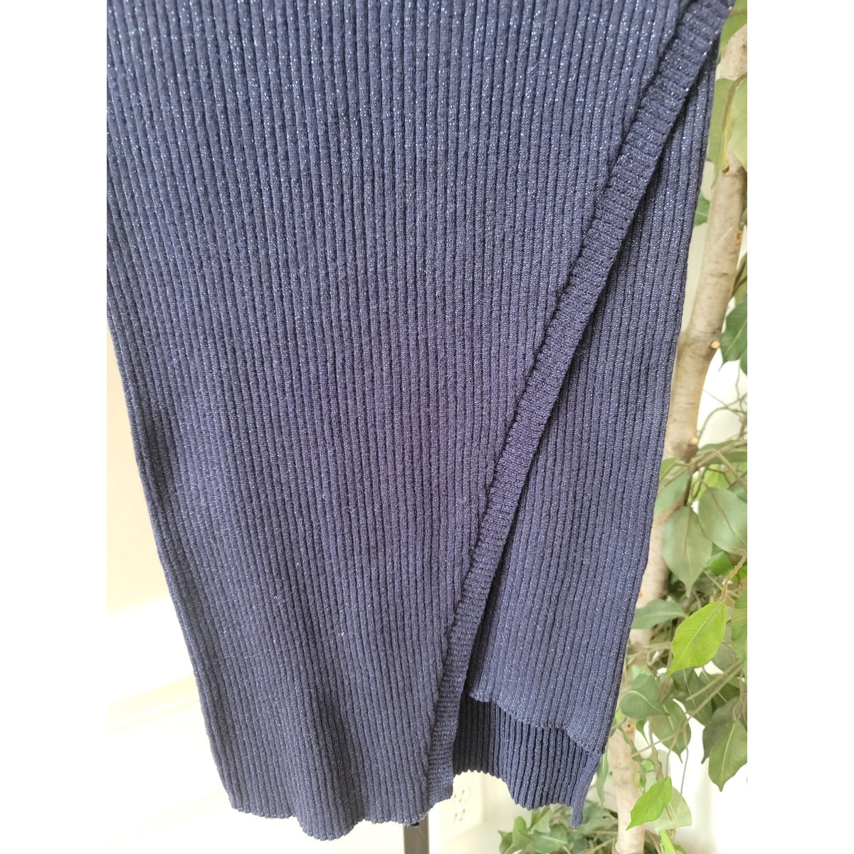 Aqua Pencil Skirt Women's Small Navy Glitter Ribbed Wrap-Front Slit Stretch
