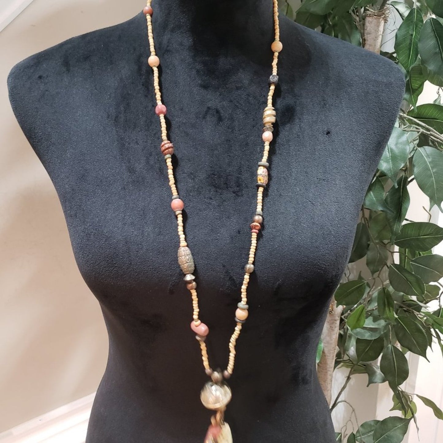 Womens Fashion Multi Wood Beaded Brass Tassel Statement Long Strand Necklace