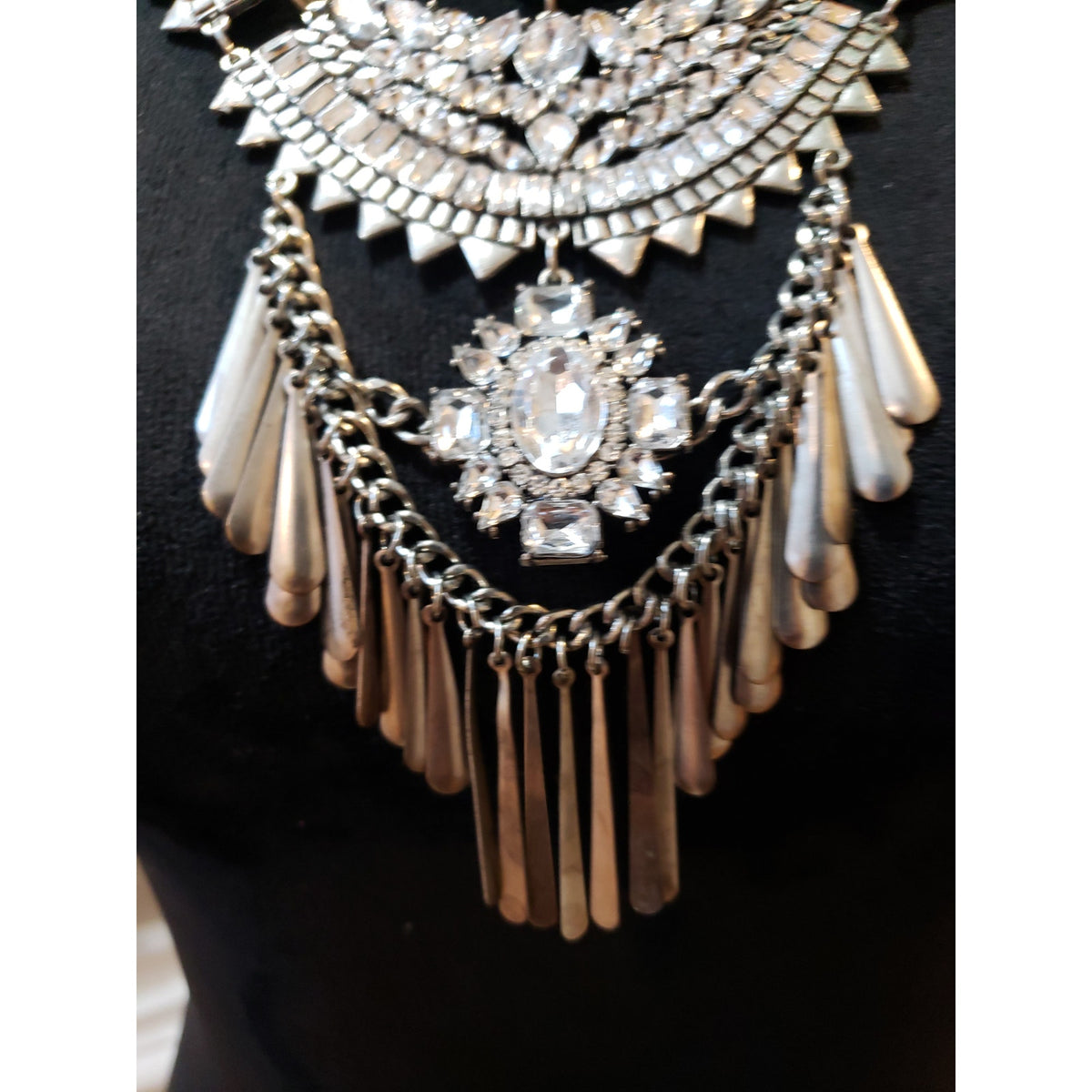 Women Silver Clear Crystal Rhinestone Layered Statement Bib Necklace Jewelry