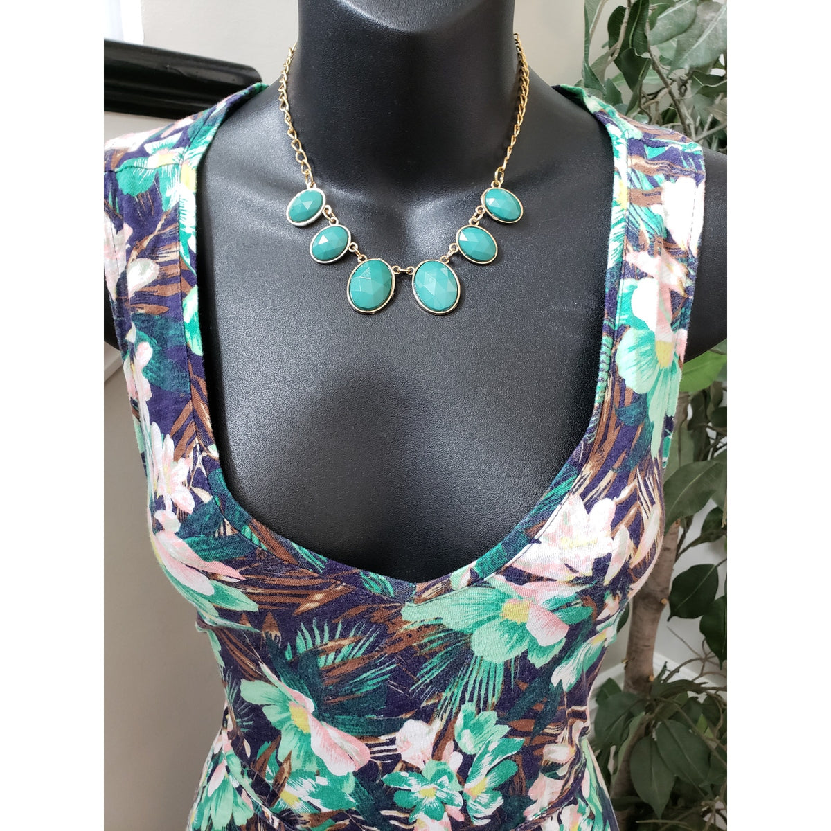 H&M S Floral Print Sleeveless Belted Maxi Dress Black Green
