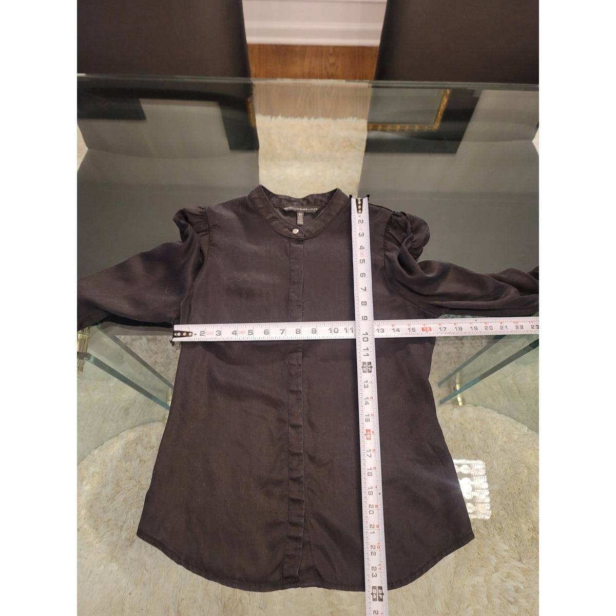 White House Black Market Shirt X-Small Black Band Collar Puff Shoulder Button-Up