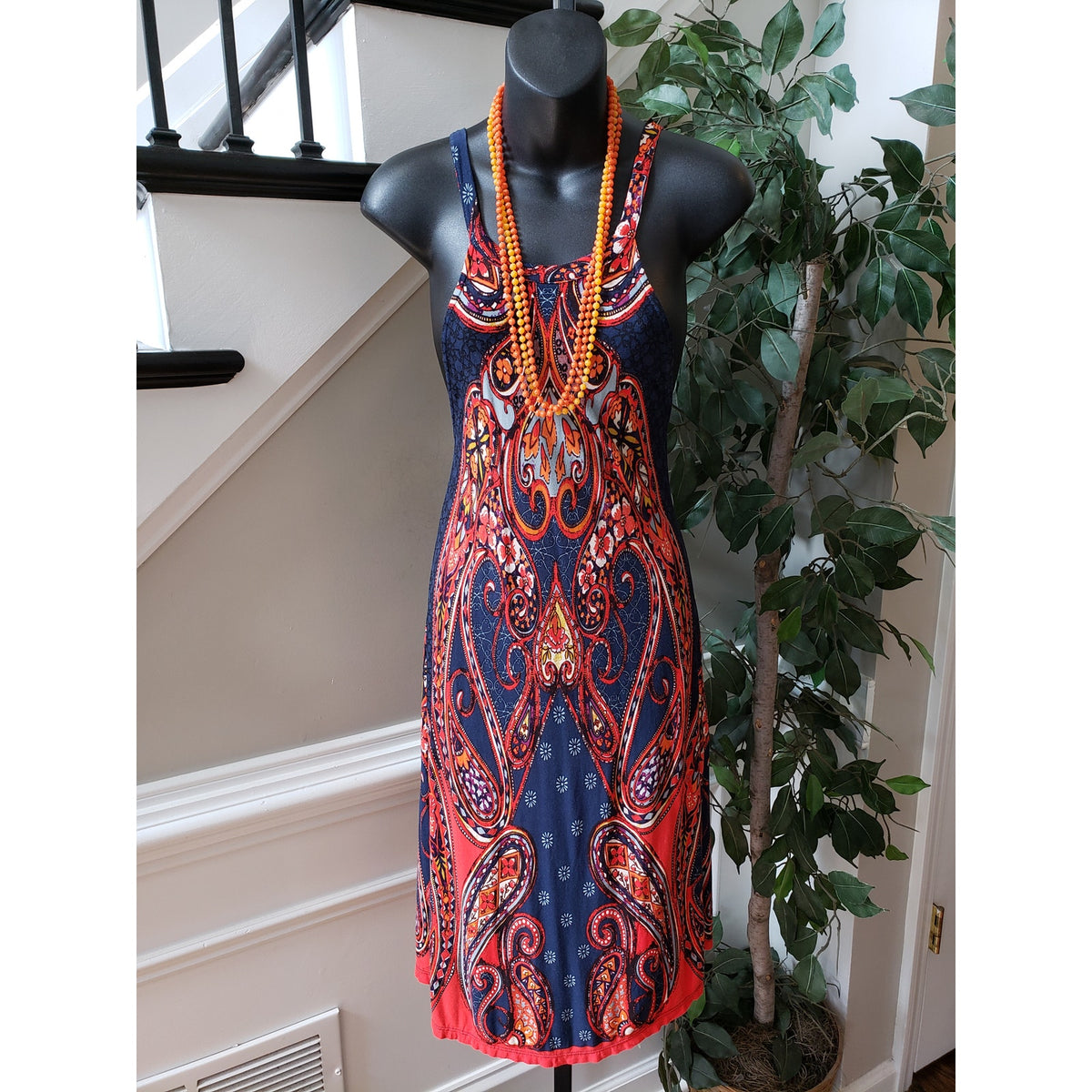 Lascana Bodycon Dress Women's Size M Blue Paisley Fitted Round Neck Sleeveless