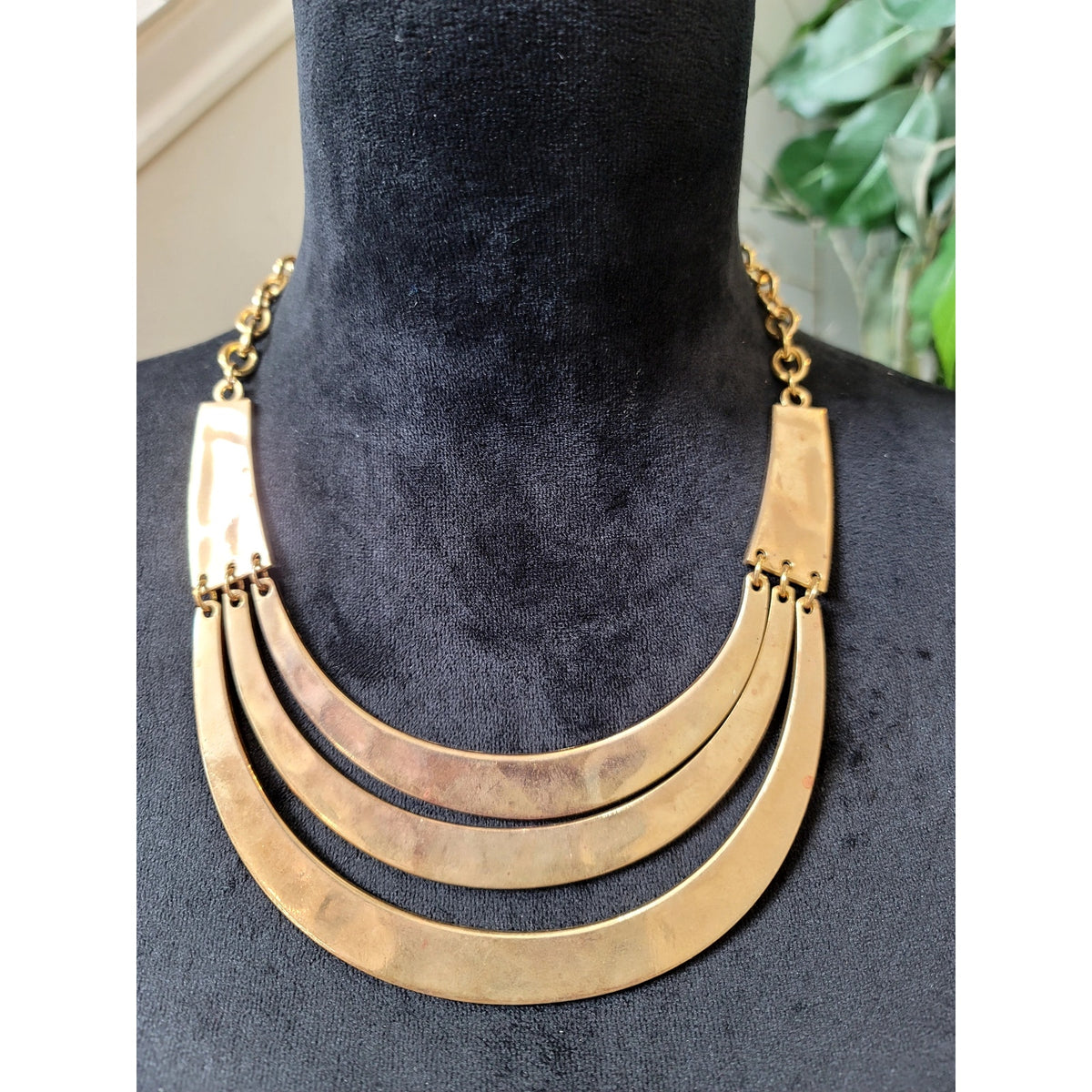 Gold Tone Layered Crescent Bib Statement Necklace Modern Boho