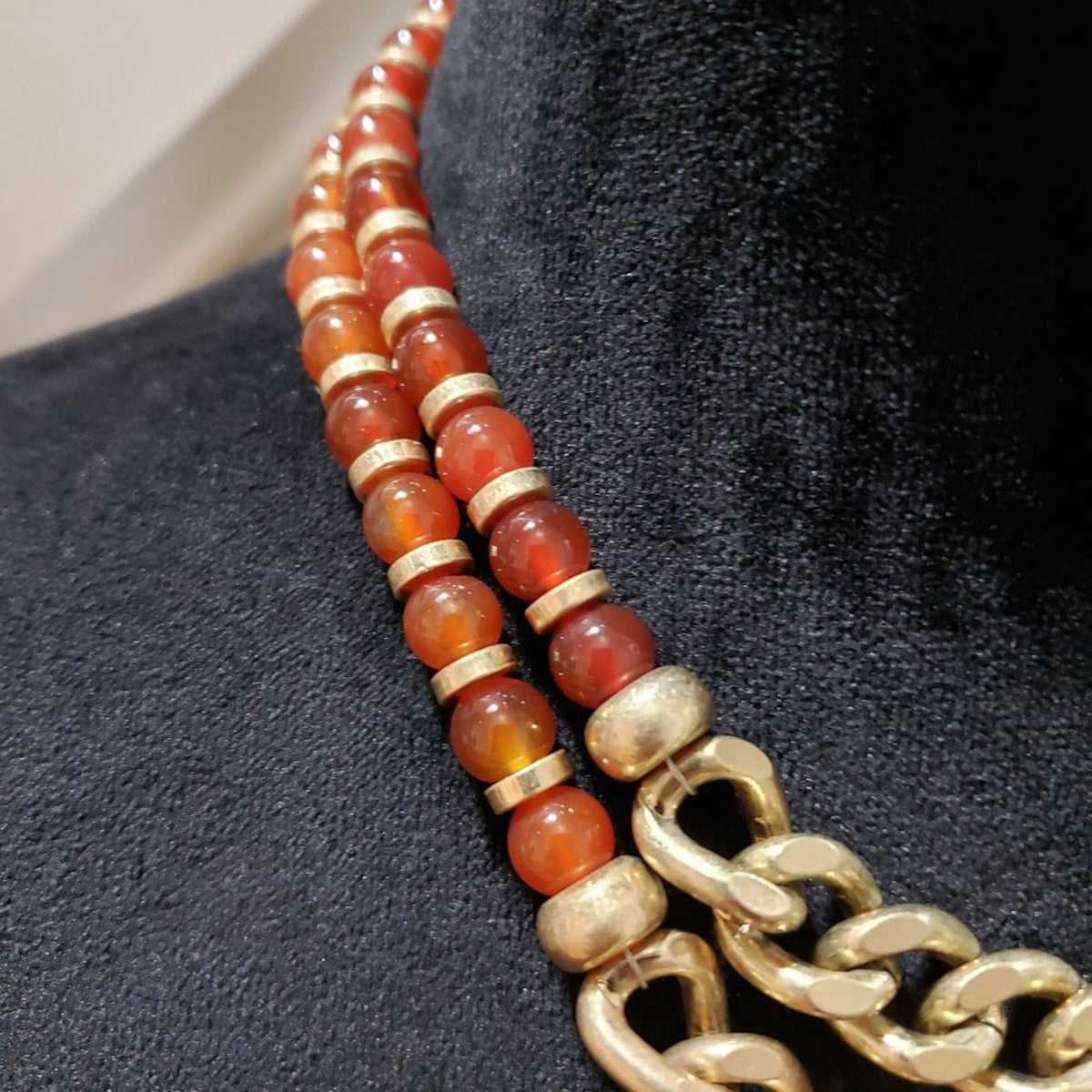 Women Fashion Red Bead Chunky Gold Curb Chain Collar Necklace with Lobster Clasp