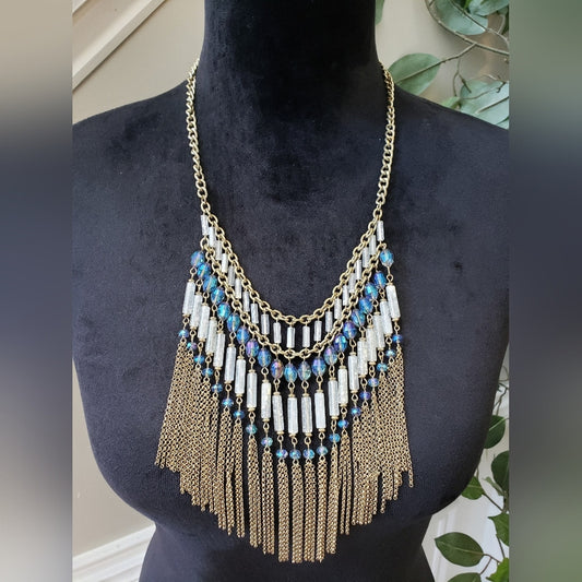 Womens Fashion Multi Tone Beaded Chain Tassels Necklace with Lobster Clasp