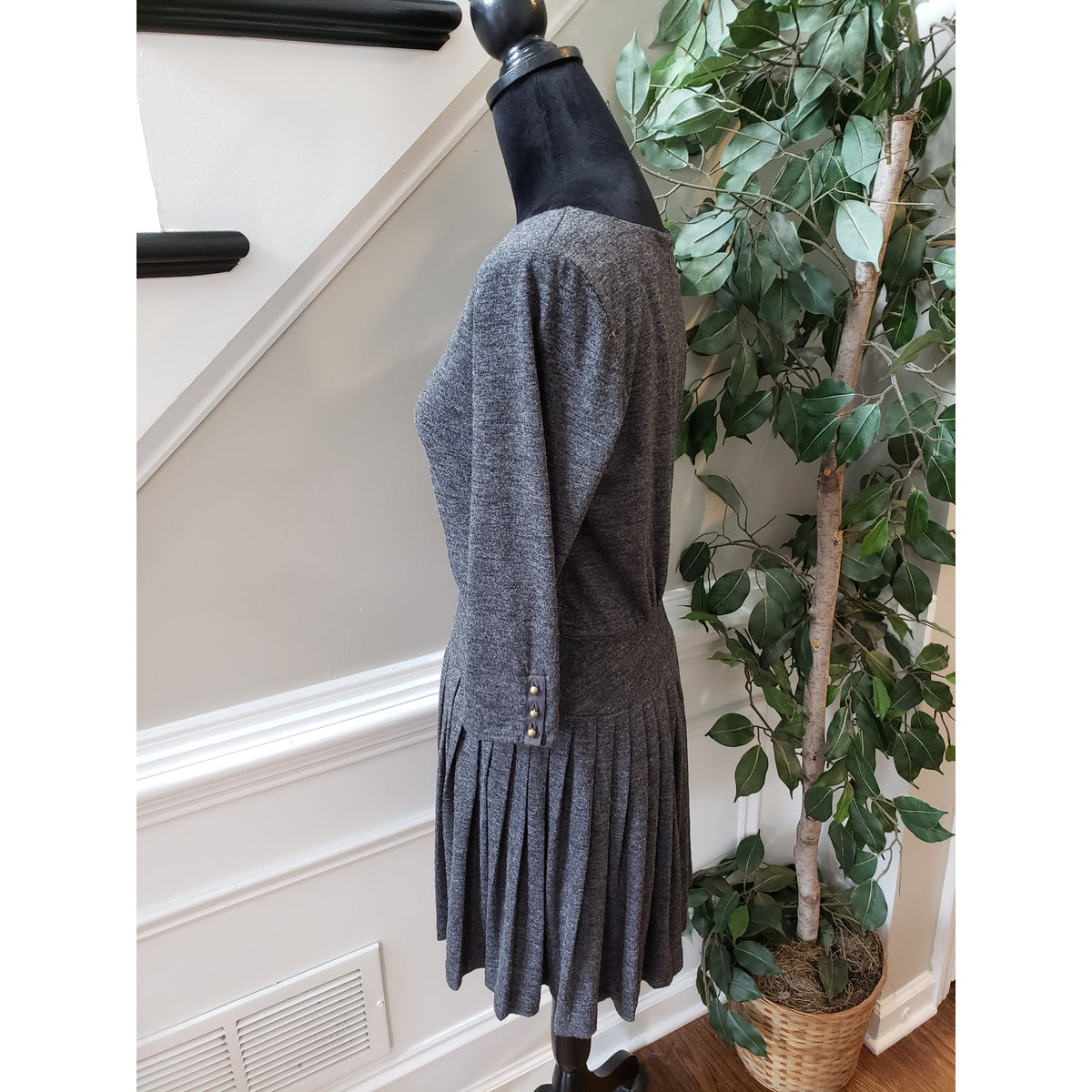 LOFT A Line Dress Women's 2 Gray Polyester Drop Waist Pleated Boat Neck Back Zip