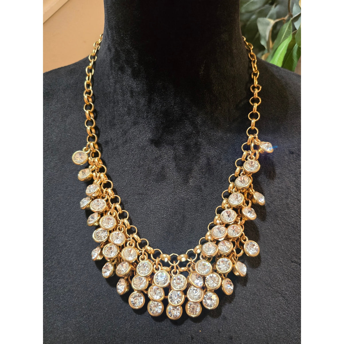 Gold Tone Rhinestone Lobster Bib Necklace Statement Layered Chain Dangle Crystal