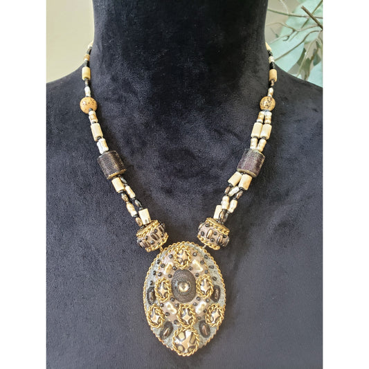 Womens Gold Tone Black Resin Encrusted Bone Beads Chain Rings Pendant Necklace