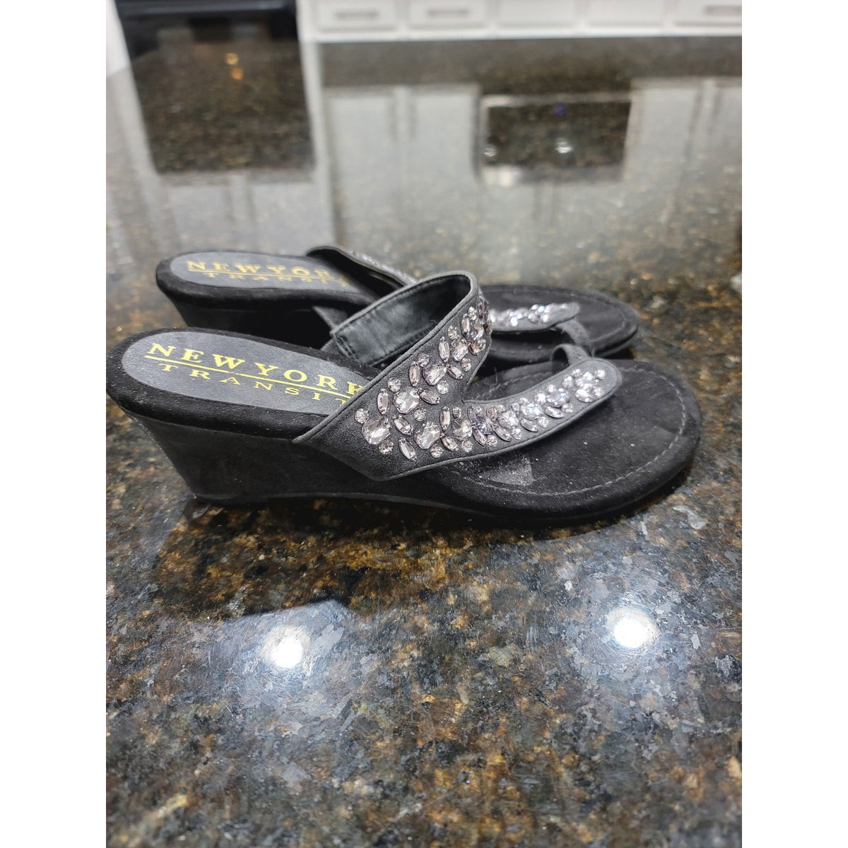 New York Transit Bling Wedge Sandals Womens Size 8M Black Crystal Stone Slip On