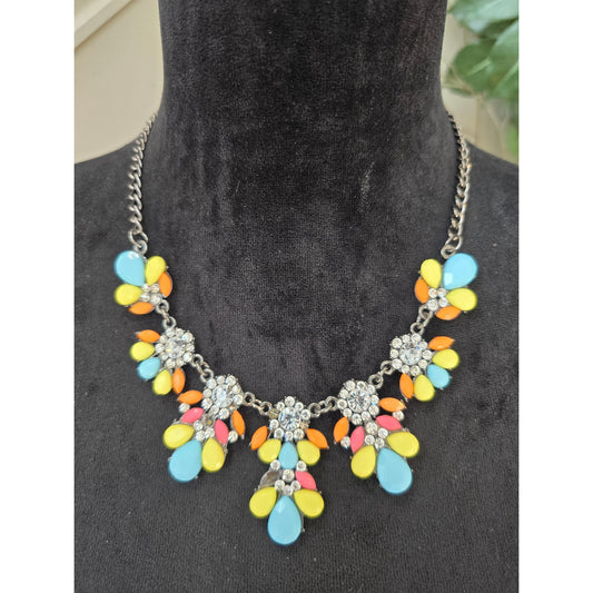 Multicolor Teardrop Rhinestone Bib Statement Necklace Silver Tone Fashion Jewelry