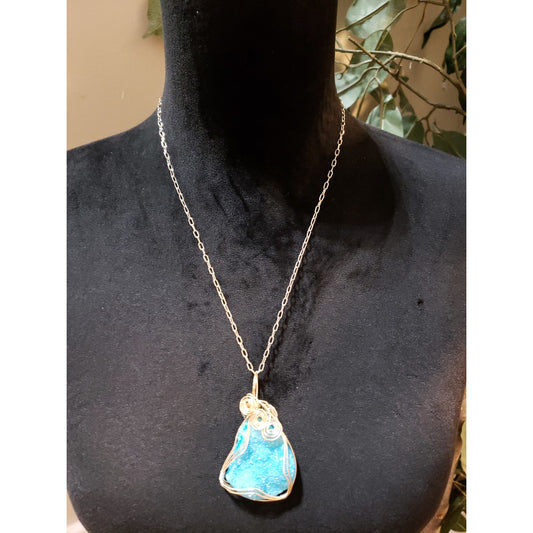 Womens Fashion Gold Tone Wire Wrap Blue Druzy Chrysocolla Stone Pendant Necklace