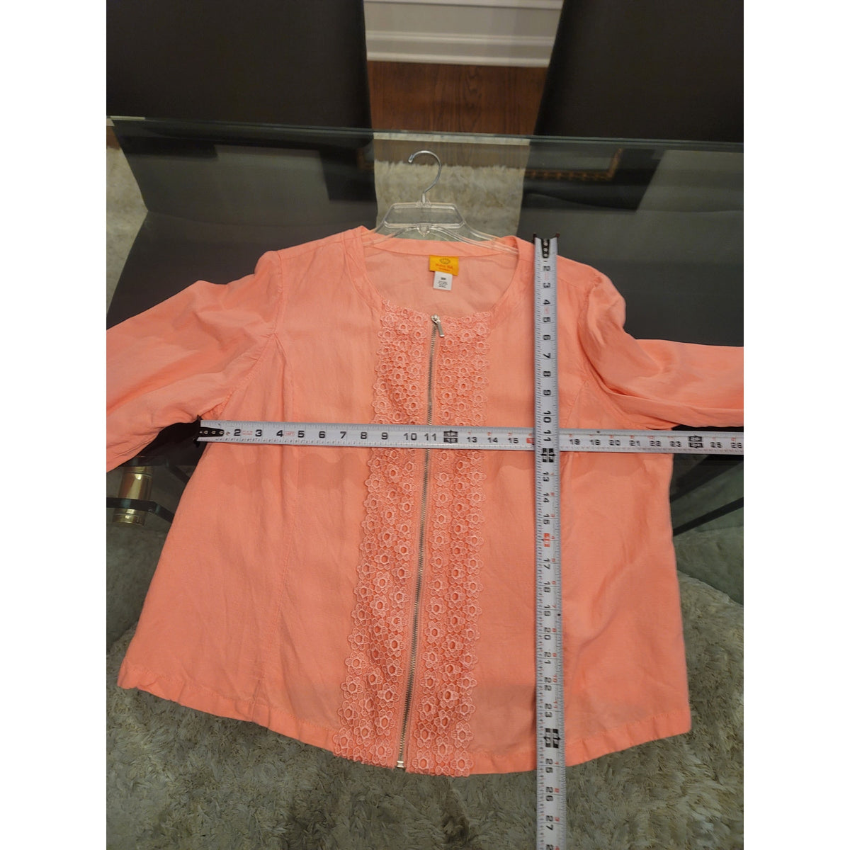 Ruby Rd. Blouse Jacket Women's SZ 18W Pink Crochet Lace Front Zipper Long Sleeve
