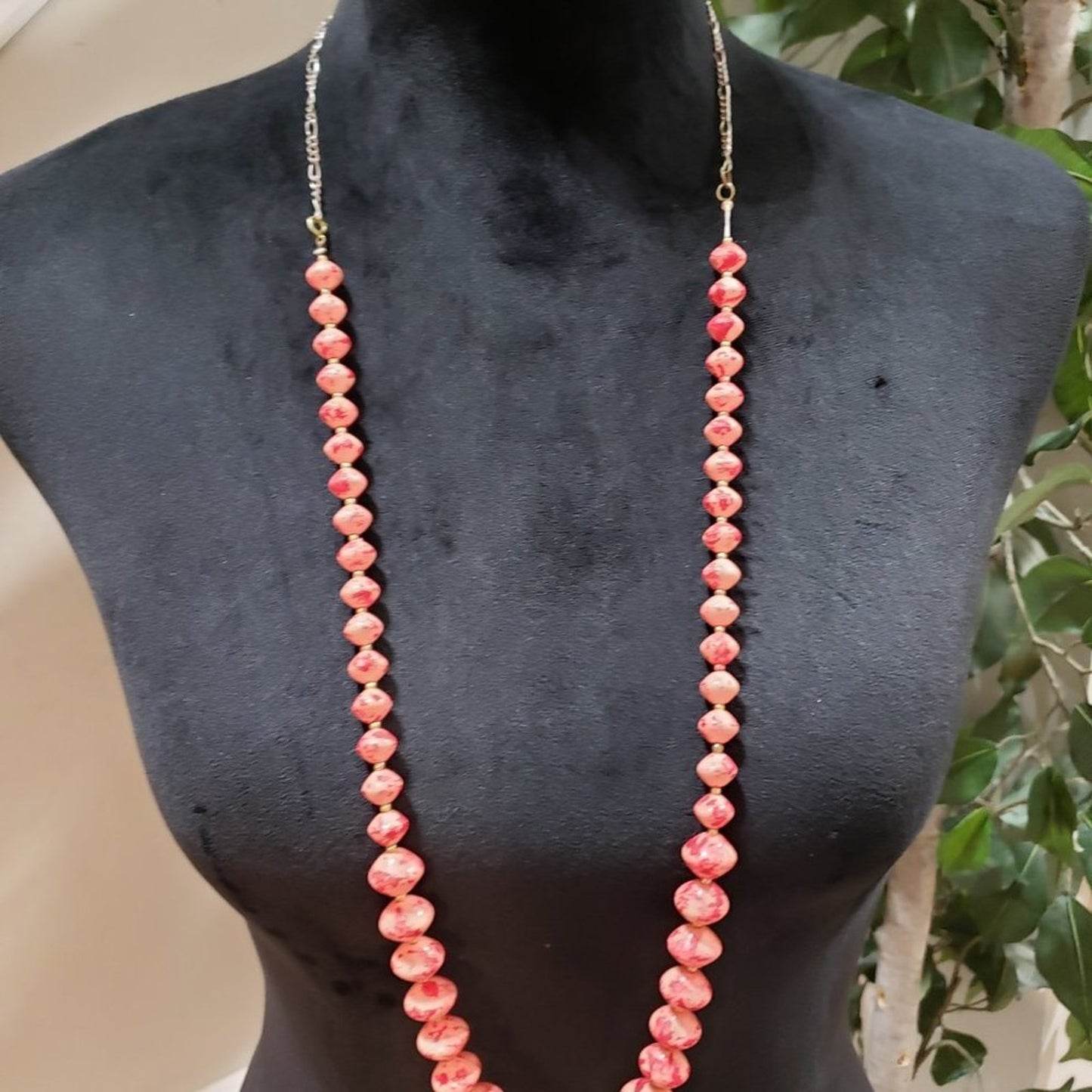 Women's Fashion Natural Ruby Pink Round Beaded Long Necklace with Round Clasp