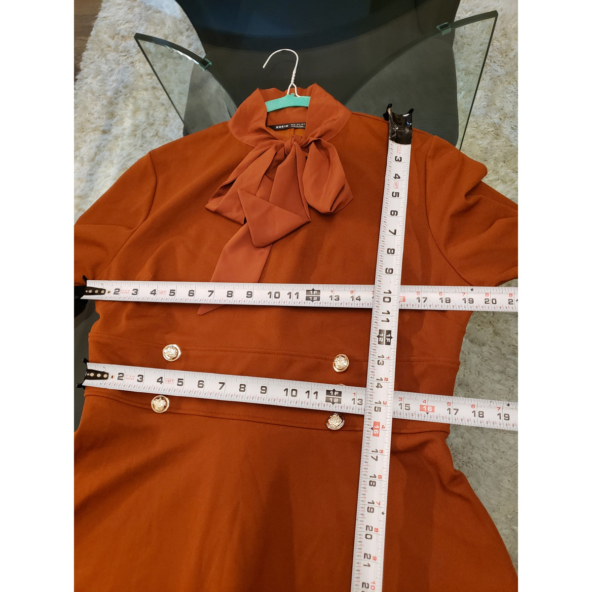 SHEIN Dress Women's XL Brown Empire Waist Double Button Detail Lantern Tie Neck