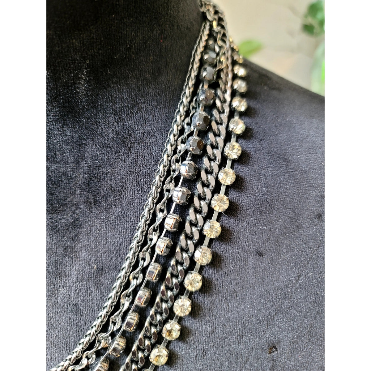 Gunmetal Multi-Strand Chain Necklace with Crystal Beads Layered Statement Bib