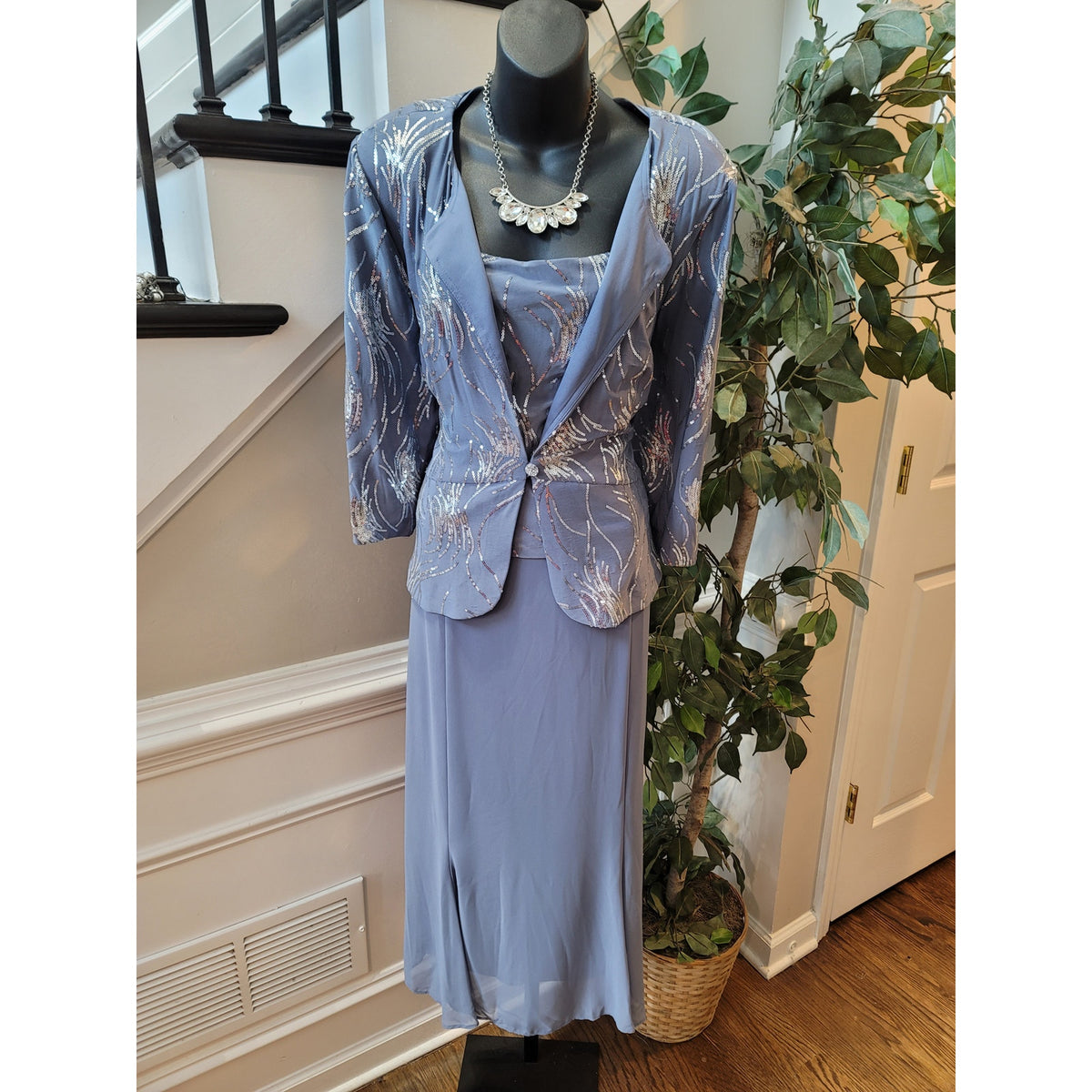 Alex Evenings Skirt Suit Women's SZ 18 Slate Blue Sequin Square Neck Back Zipper