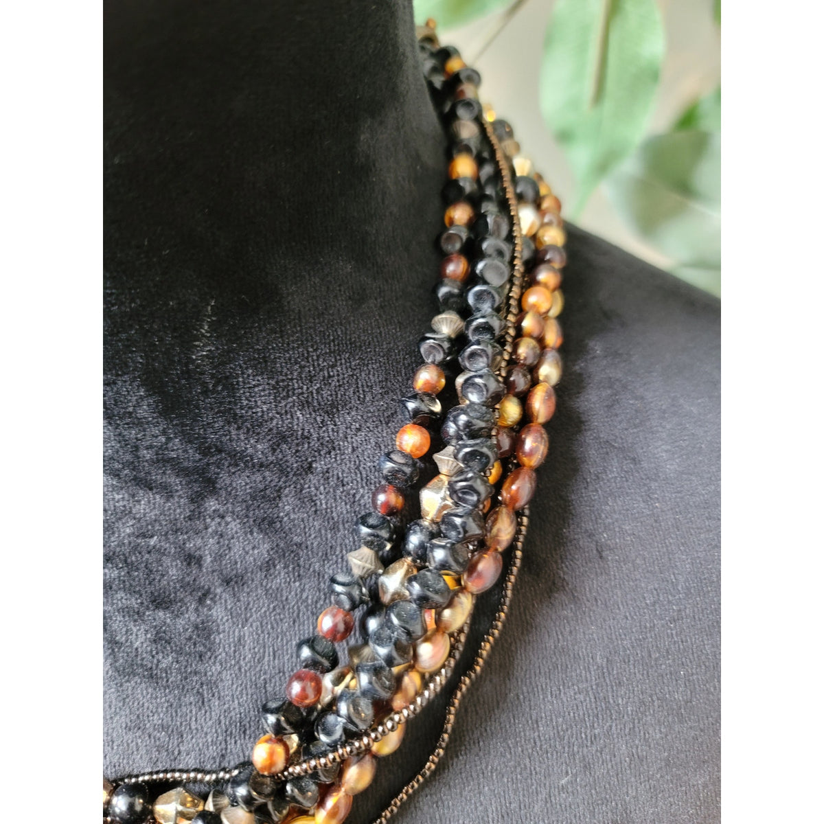 Chico's Women's Multi Strand Beaded Necklace Black Brown Gold Tones Lobster Clasp