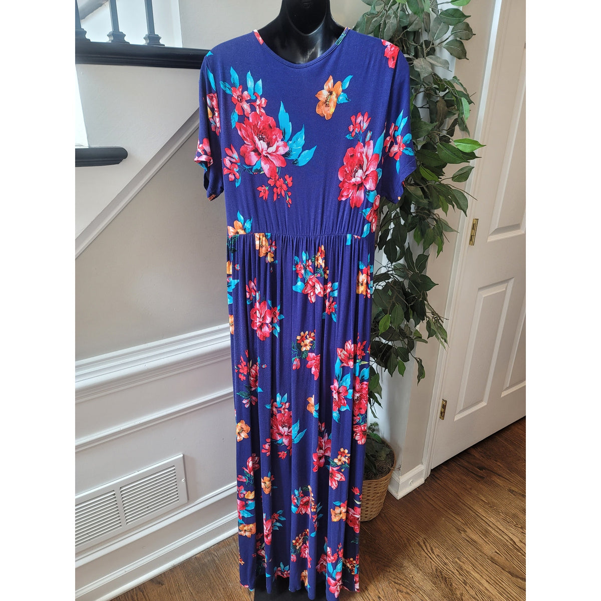 Xpenyo Maxi Dress Women's Size X-Large Navy Floral V Neck Short Flutter Sleeves