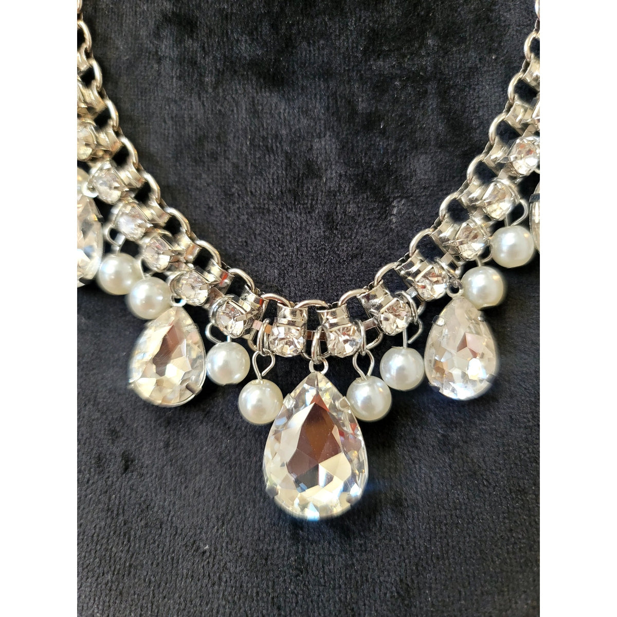 Silver Tone Crystal Teardrop Faux Pearl Statement Necklace Bridal Bib Wedding