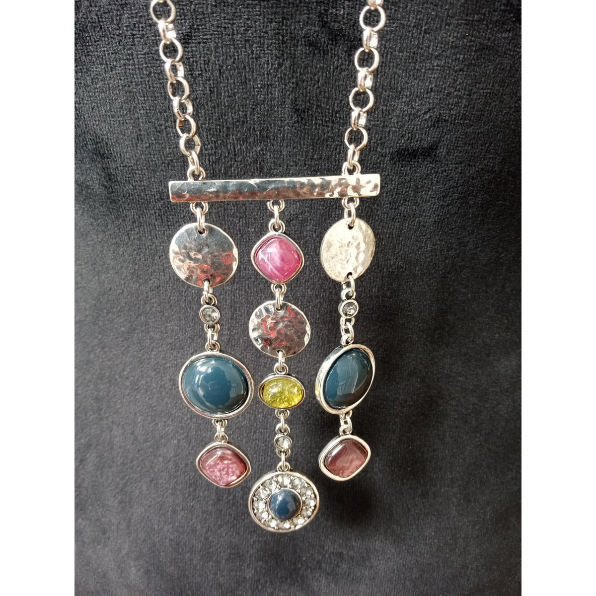 Silver Tone Multicolor Glass Stone Dangle Pendant Necklace Boho Artisan Chic