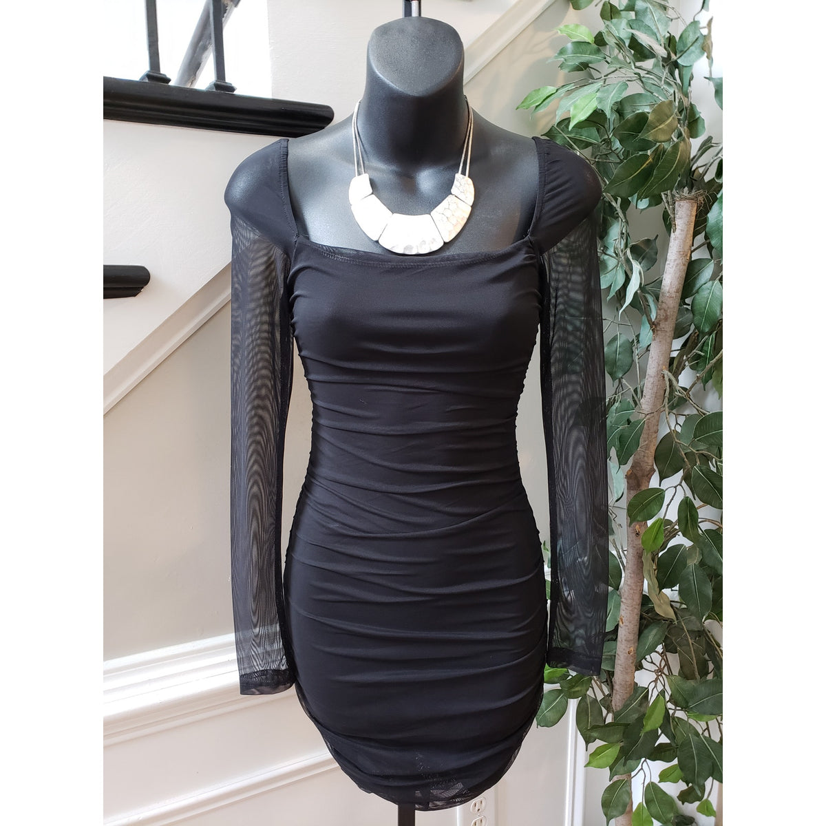 Princess Polly Dress Women 0 Black Mesh Long Sleeve Ruched Bodycon Mini Sexy