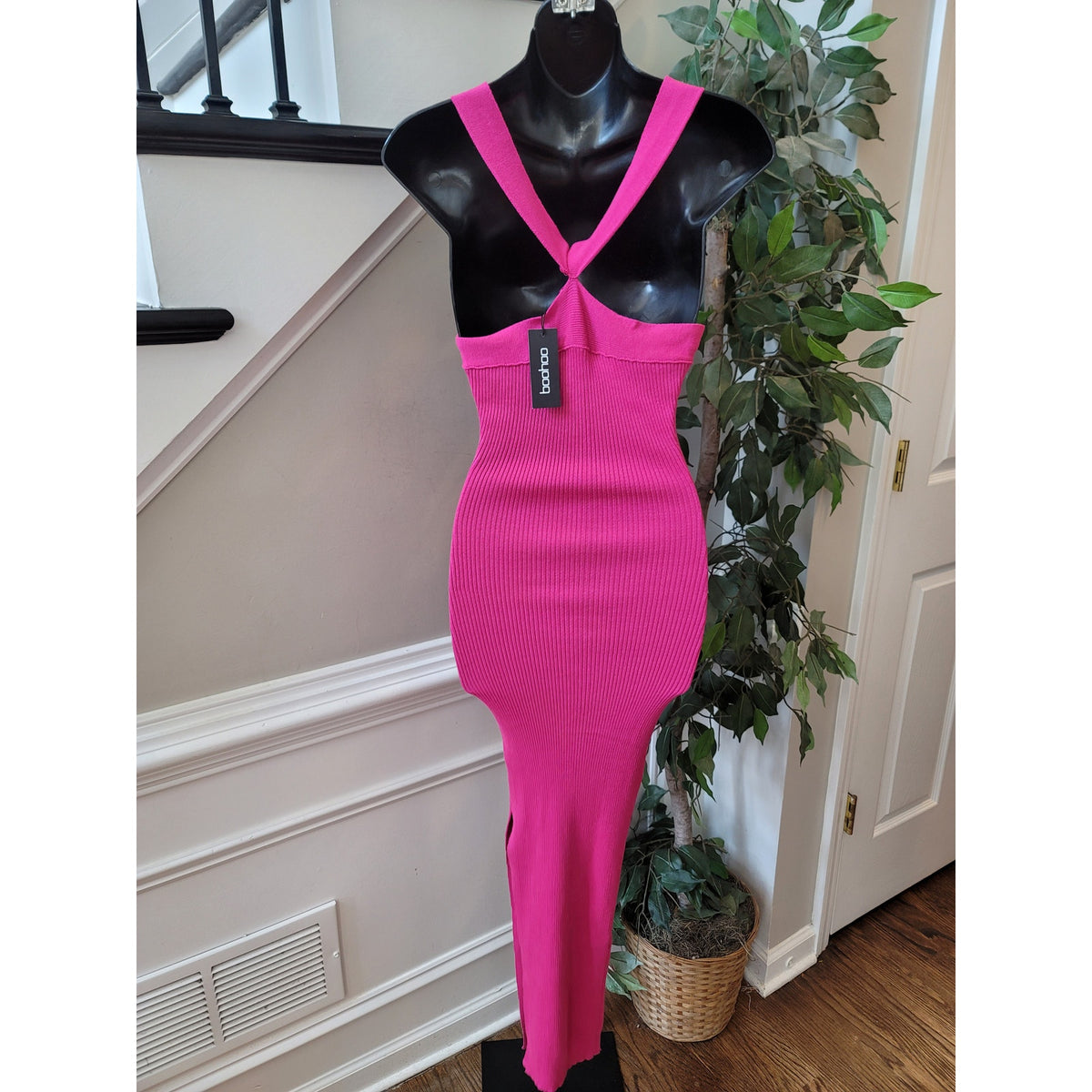 Boohoo Maxi Dress Women's Medium Hot Pink Ribbed Knit Two Tone Off The Shoulder