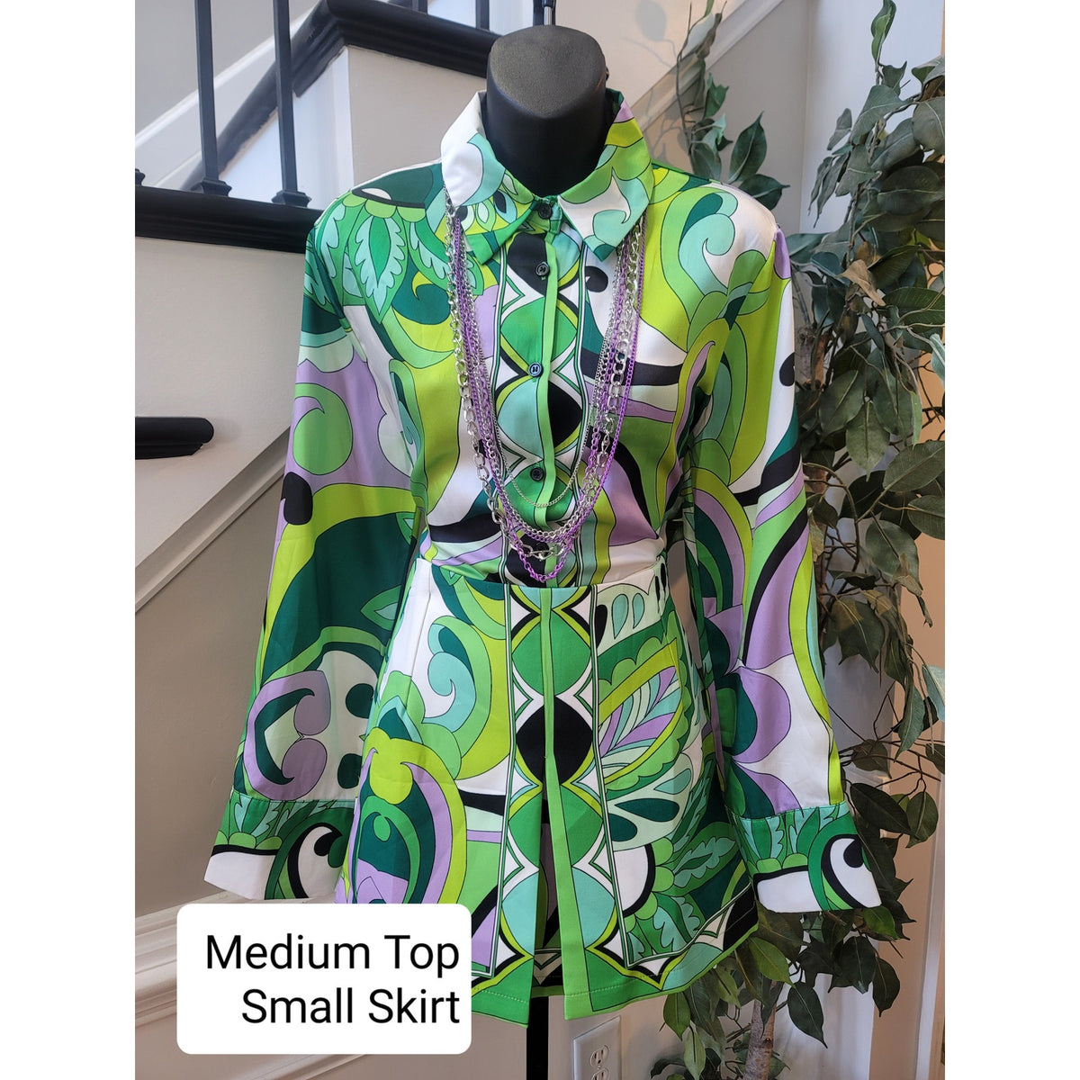 Fancy Dream Skirt Set Women's Green Geometric Button Up Side Zipper Long Sleeve