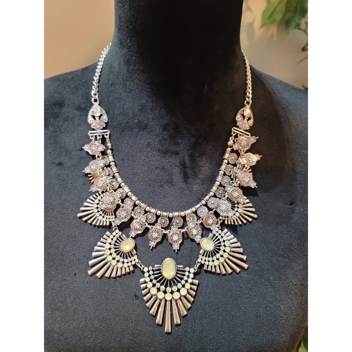 Women's Silver Tone Statement Bib Necklace With Opal Stones Lobster Clasp