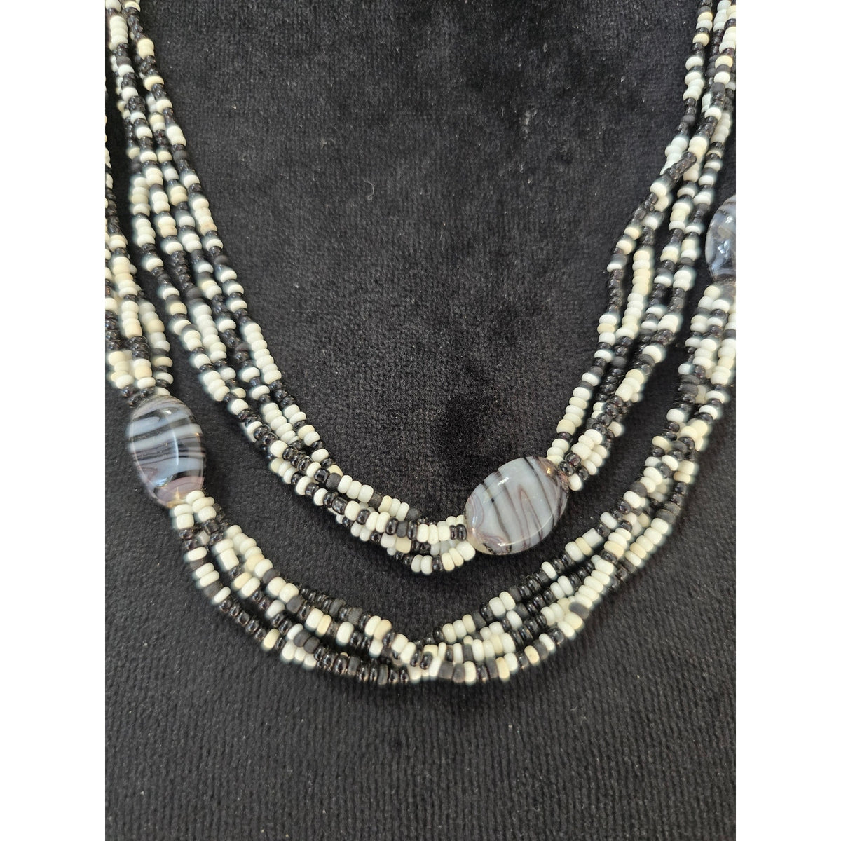 Multi Strand Black White Beaded Statement Necklace Gray Stone Accents